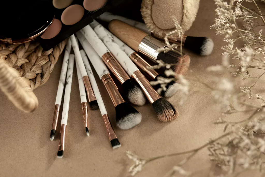 brown and white makeup brush set